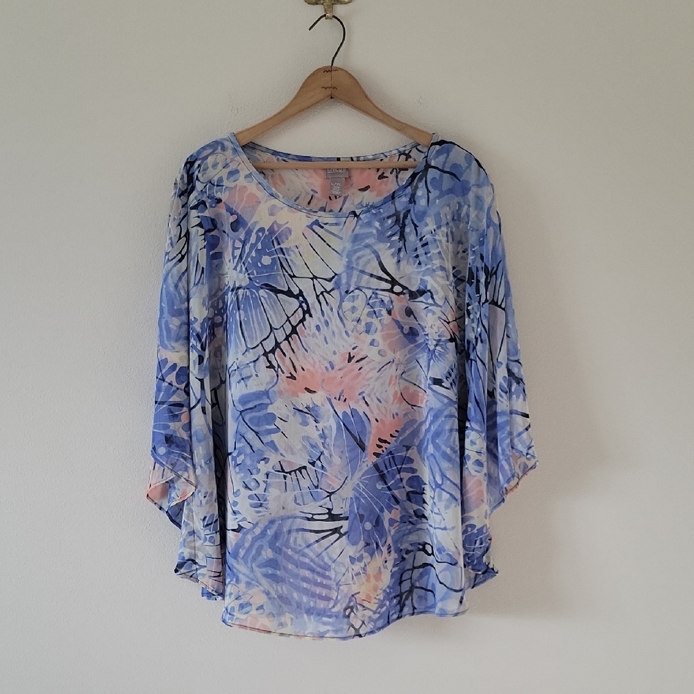 Chico's Sheer Poncho Topper Blue White Butterfly Print Size‎ L/XL